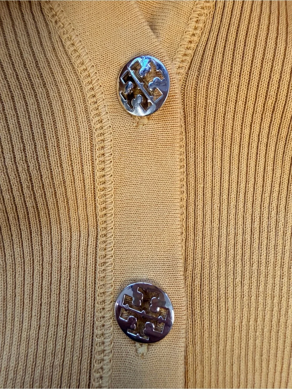 Tory Burch Simone Ribbed Cardigan Sweater Mustard Yellow Logo Button Cotton SZ S